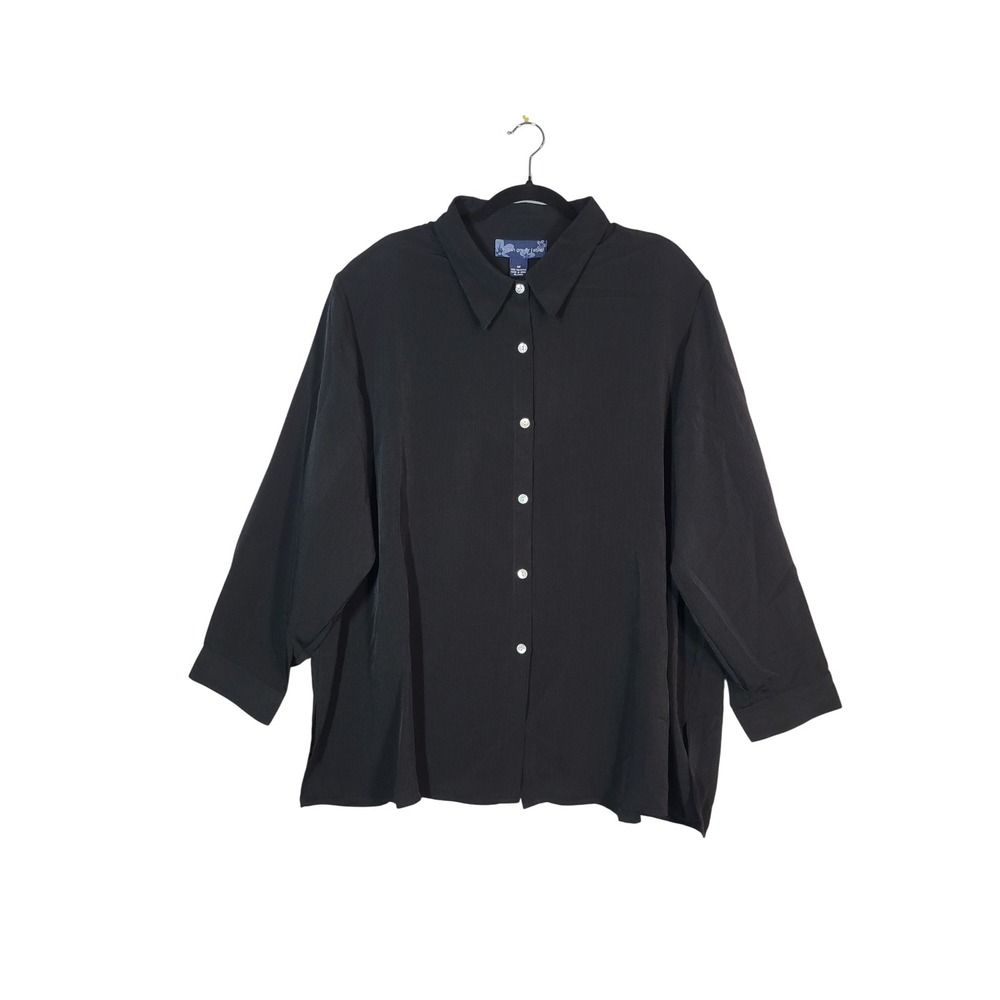Susan Graver Button Down Shirt Women 3X Black Textured Long Sleeve Lightweight